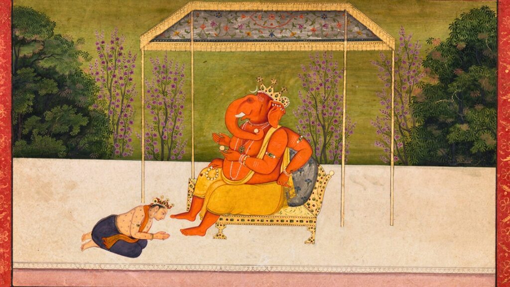 Pahari miniature paintings, known for their delicate charm, vibrant colours, and intricate details, are one of the most remarkable art forms to emerge from the northern regions of India. Ganesha painting depicted in various forms and postures that exude elegance and devotion is one of the well-known subjects of Pahari Painting.